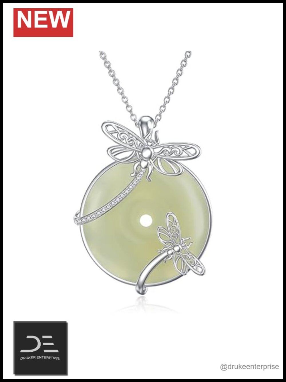 HPQQ Dragonfly Pendant Necklace with Natural Jade and 925 Sterling Silver